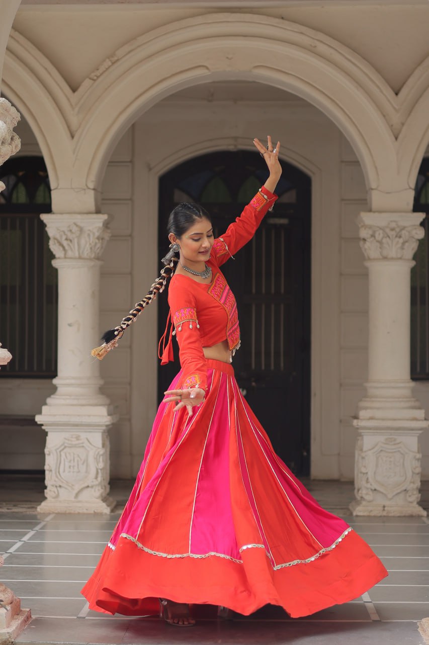 Orange & Pink Roman Fabric Lehenga Choli with Mirror Lace & Gamthi Thread Work ClothsVilla
