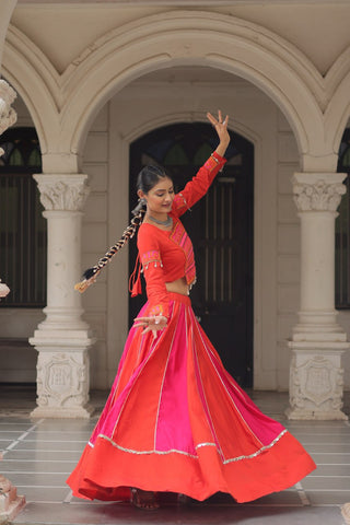 Orange & Pink Roman Fabric Lehenga Choli with Mirror Lace & Gamthi Thread Work ClothsVilla