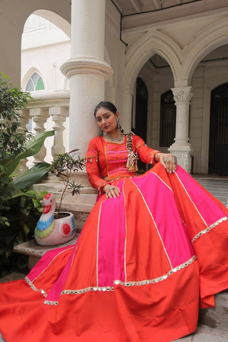 Orange & Pink Roman Fabric Lehenga Choli with Mirror Lace & Gamthi Thread Work ClothsVilla