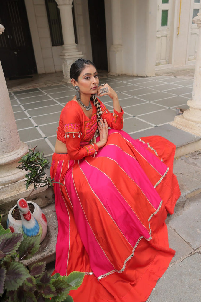 Orange & Pink Roman Fabric Lehenga Choli with Mirror Lace & Gamthi Thread Work ClothsVilla