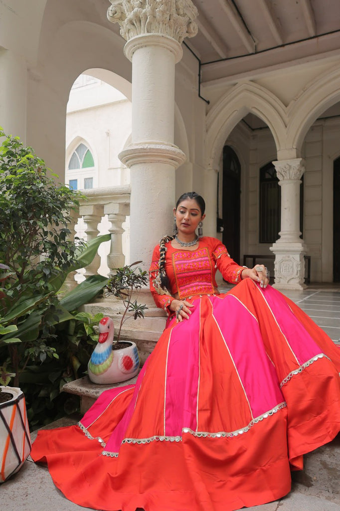 Orange & Pink Roman Fabric Lehenga Choli with Mirror Lace & Gamthi Thread Work ClothsVilla