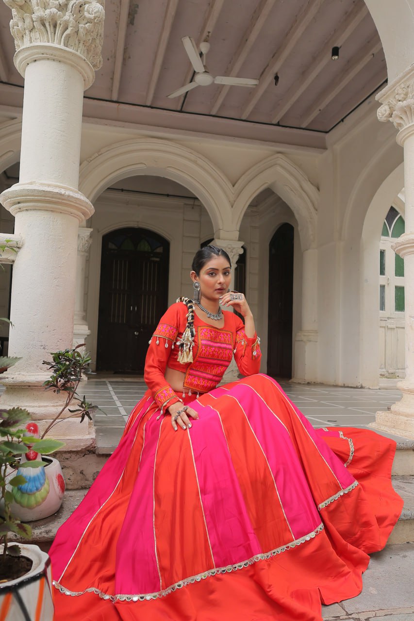 Orange & Pink Roman Fabric Lehenga Choli with Mirror Lace & Gamthi Thread Work ClothsVilla