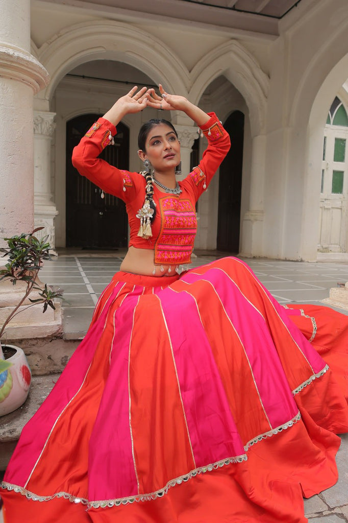 Orange & Pink Roman Fabric Lehenga Choli with Mirror Lace & Gamthi Thread Work ClothsVilla