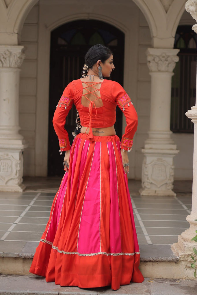 Orange & Pink Roman Fabric Lehenga Choli with Mirror Lace & Gamthi Thread Work ClothsVilla