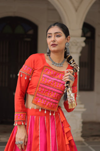 Orange & Pink Roman Fabric Lehenga Choli with Mirror Lace & Gamthi Thread Work ClothsVilla