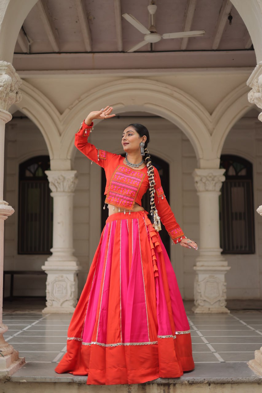 Orange & Pink Roman Fabric Lehenga Choli with Mirror Lace & Gamthi Thread Work ClothsVilla