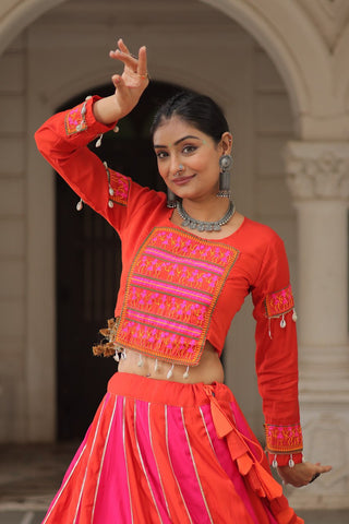 Orange & Pink Roman Fabric Lehenga Choli with Mirror Lace & Gamthi Thread Work ClothsVilla