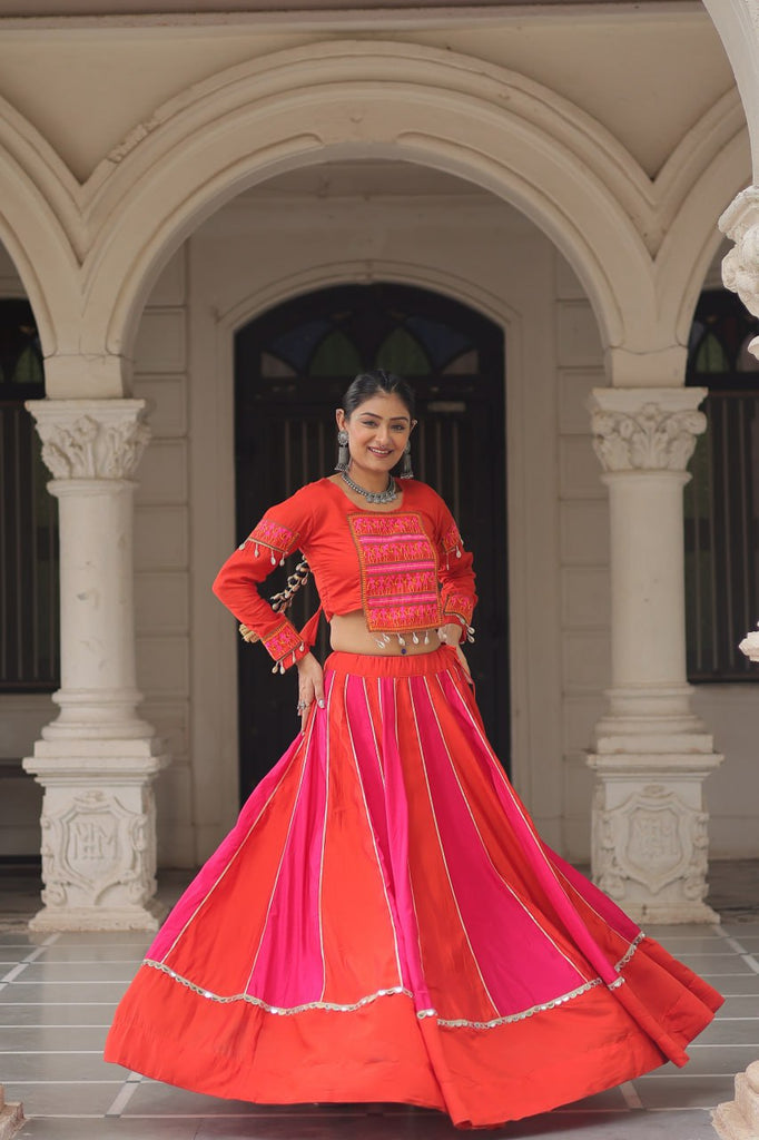 Orange & Pink Roman Fabric Lehenga Choli with Mirror Lace & Gamthi Thread Work ClothsVilla