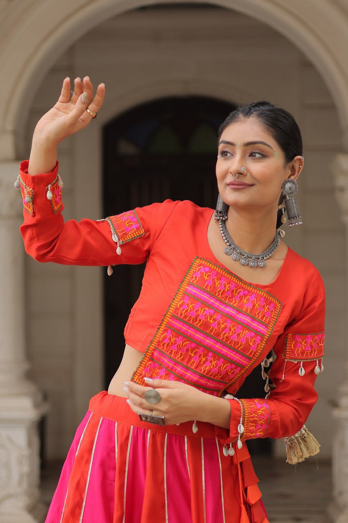 Orange & Pink Roman Fabric Lehenga Choli with Mirror Lace & Gamthi Thread Work ClothsVilla