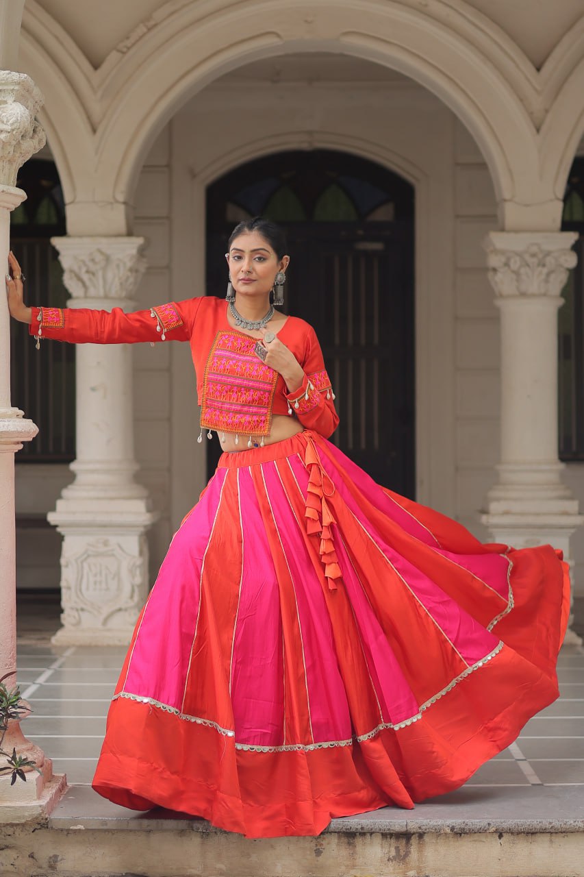 Orange & Pink Roman Fabric Lehenga Choli with Mirror Lace & Gamthi Thread Work ClothsVilla