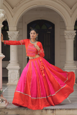 Orange & Pink Roman Fabric Lehenga Choli with Mirror Lace & Gamthi Thread Work ClothsVilla