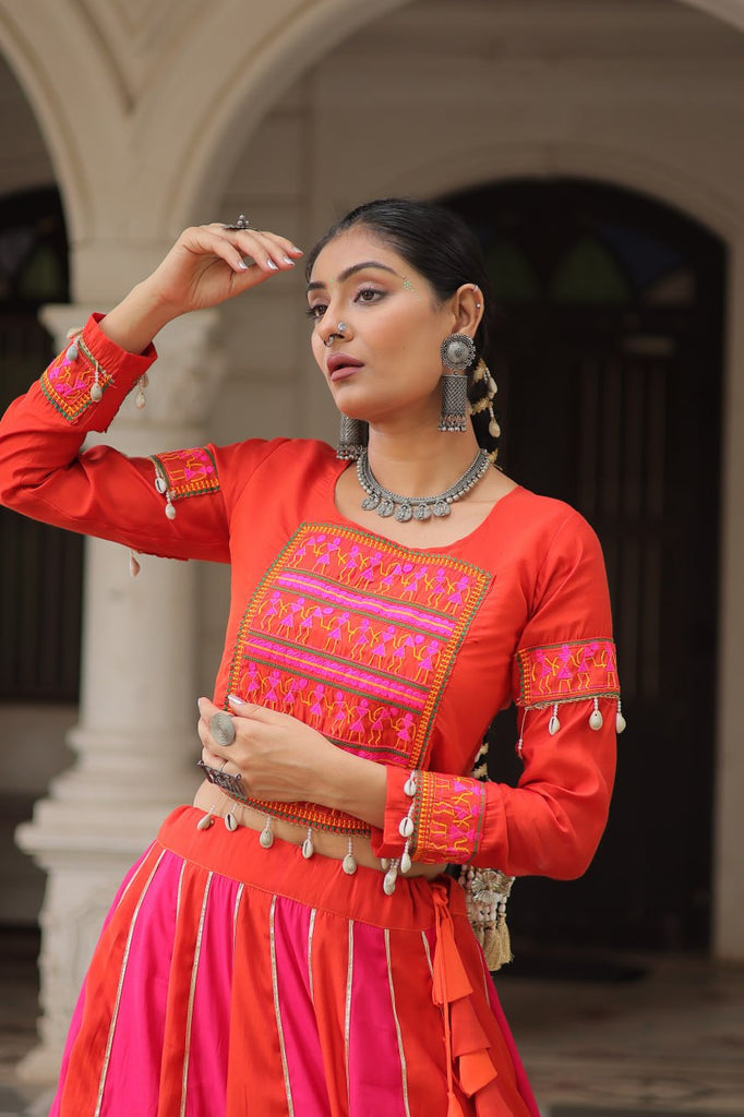 Orange & Pink Roman Fabric Lehenga Choli with Mirror Lace & Gamthi Thread Work ClothsVilla
