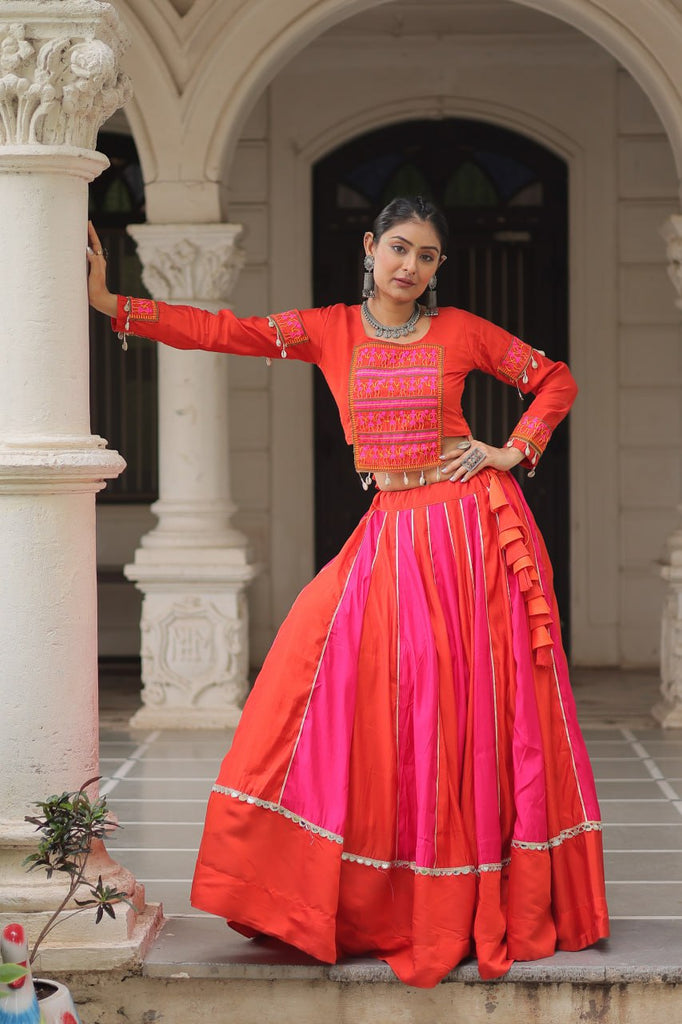Orange & Pink Roman Fabric Lehenga Choli with Mirror Lace & Gamthi Thread Work ClothsVilla
