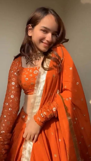 Orange Premium American Silk Semi-Stitched Lehenga Choli Set with Sequin Embroidery & Dupatta ClothsVilla