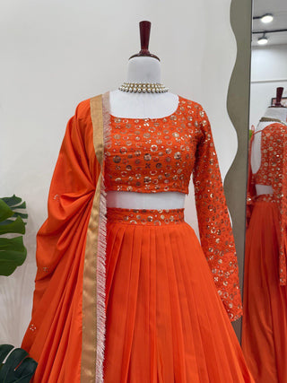 Orange Premium American Silk Semi-Stitched Lehenga Choli Set with Sequin Embroidery & Dupatta ClothsVilla
