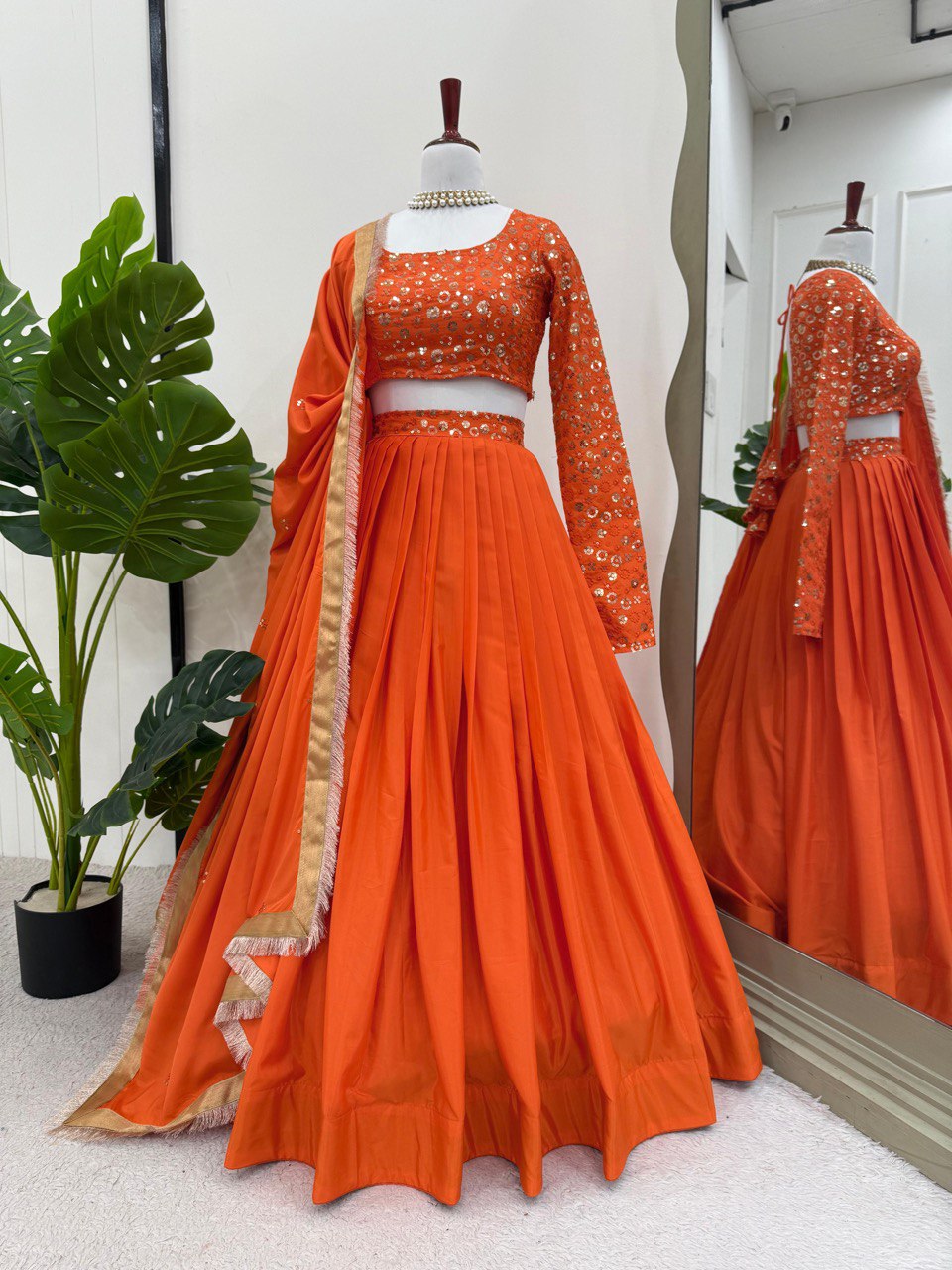 Orange Premium American Silk Semi-Stitched Lehenga Choli Set with Sequin Embroidery & Dupatta ClothsVilla