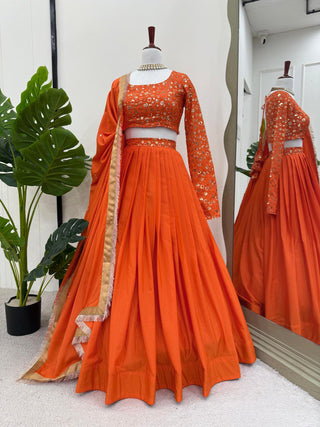 Orange Premium American Silk Semi-Stitched Lehenga Choli Set with Sequin Embroidery & Dupatta ClothsVilla