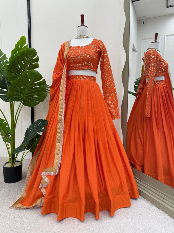 Orange Premium American Silk Semi-Stitched Lehenga Choli Set with Sequin Embroidery & Dupatta ClothsVilla