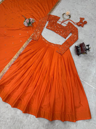 Orange Premium American Silk Semi-Stitched Lehenga Choli Set with Sequin Embroidery & Dupatta ClothsVilla