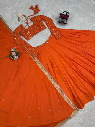 Orange Premium American Silk Semi-Stitched Lehenga Choli Set with Sequin Embroidery & Dupatta ClothsVilla