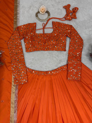 Orange Premium American Silk Semi-Stitched Lehenga Choli Set with Sequin Embroidery & Dupatta ClothsVilla