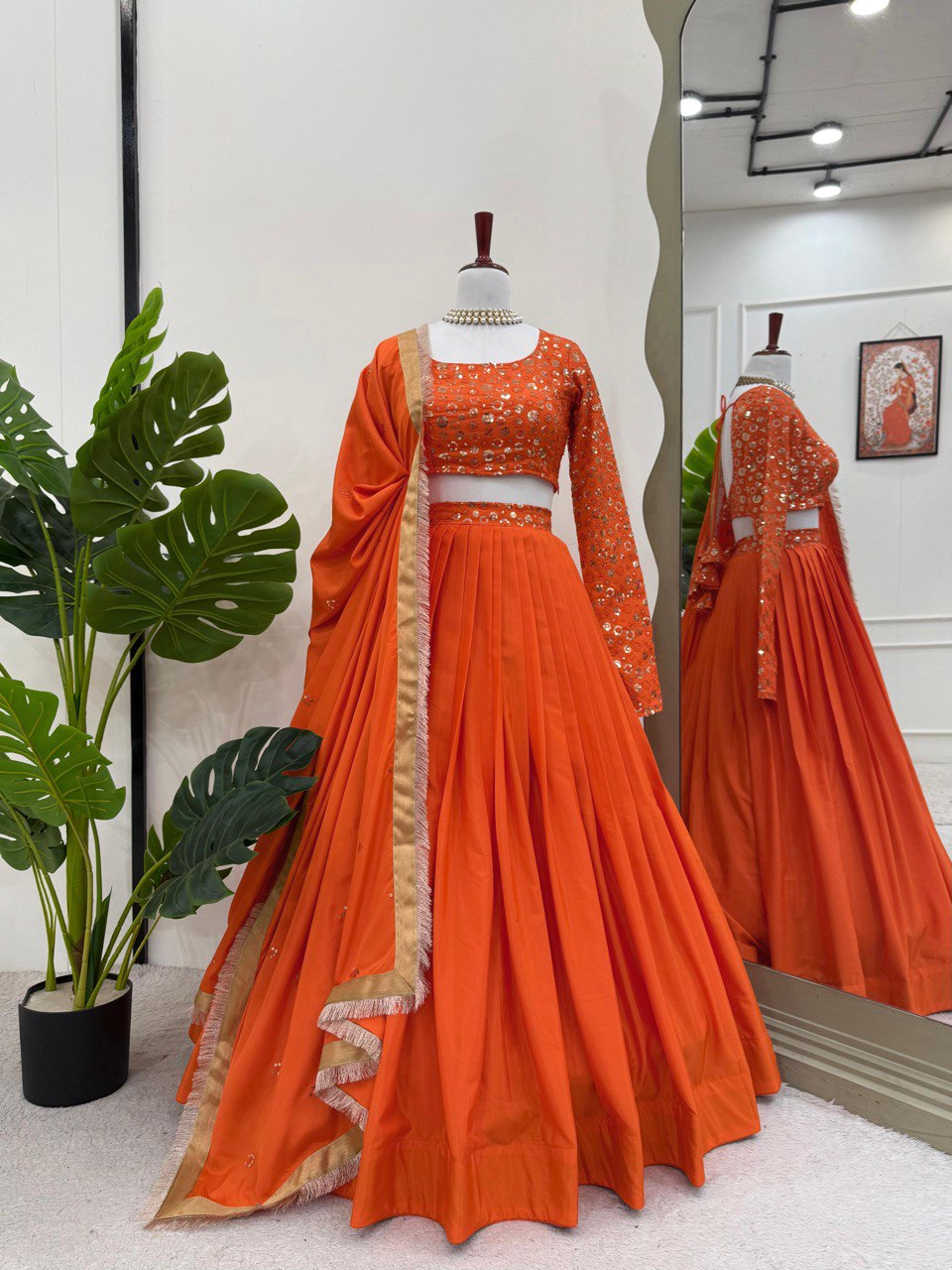 Orange Premium American Silk Semi-Stitched Lehenga Choli Set with Sequin Embroidery & Dupatta ClothsVilla