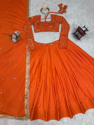Orange Premium American Silk Semi-Stitched Lehenga Choli Set with Sequin Embroidery & Dupatta ClothsVilla