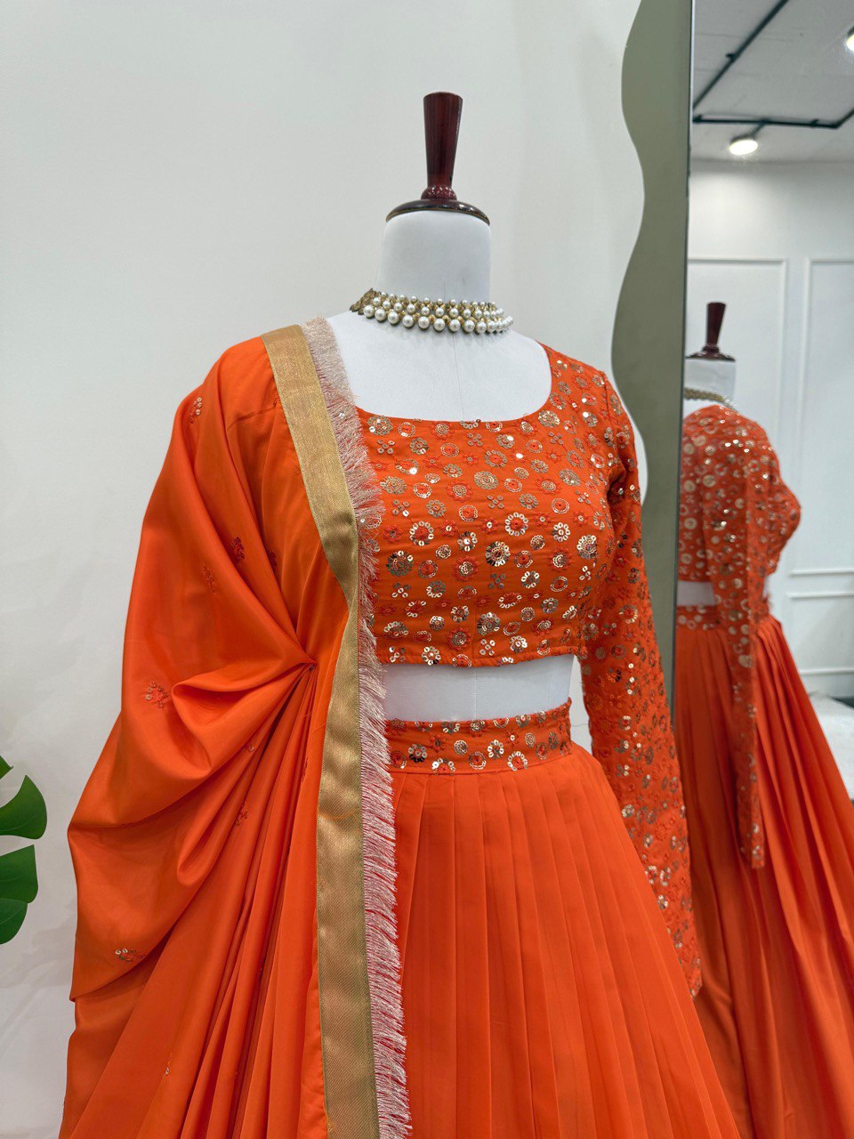 Orange Premium American Silk Semi-Stitched Lehenga Choli Set with Sequin Embroidery & Dupatta ClothsVilla
