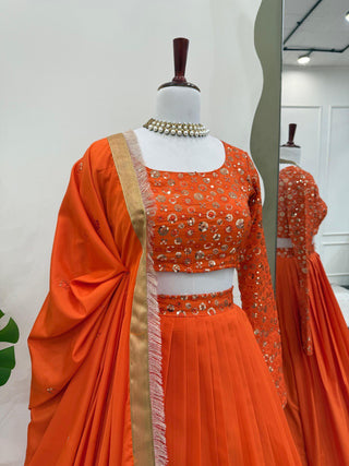 Orange Premium American Silk Semi-Stitched Lehenga Choli Set with Sequin Embroidery & Dupatta ClothsVilla