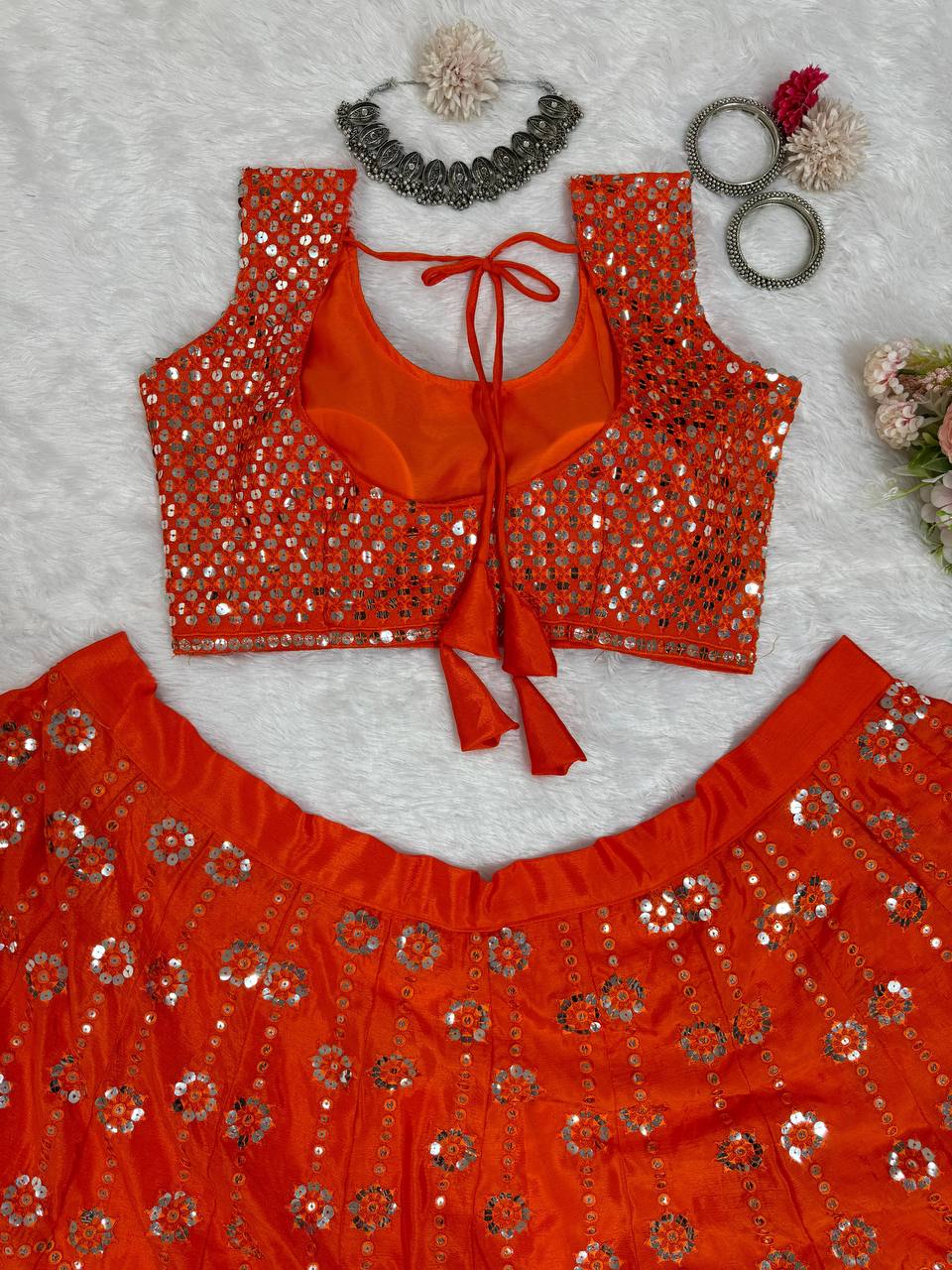 Orange Premium Chinon Semi-Stitched Lehenga Set with 9mm Sequins & Designer Dupatta ClothsVilla