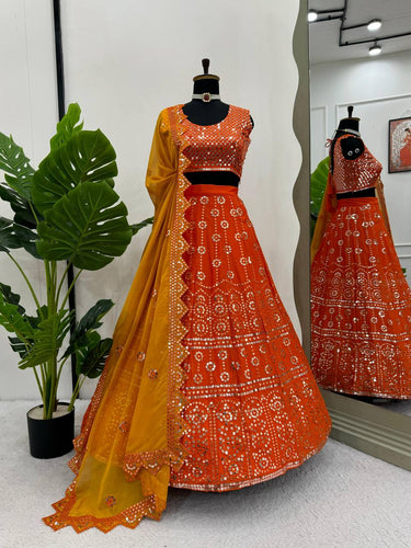 Orange Premium Chinon Semi-Stitched Lehenga Set with 9mm Sequins & Designer Dupatta ClothsVilla