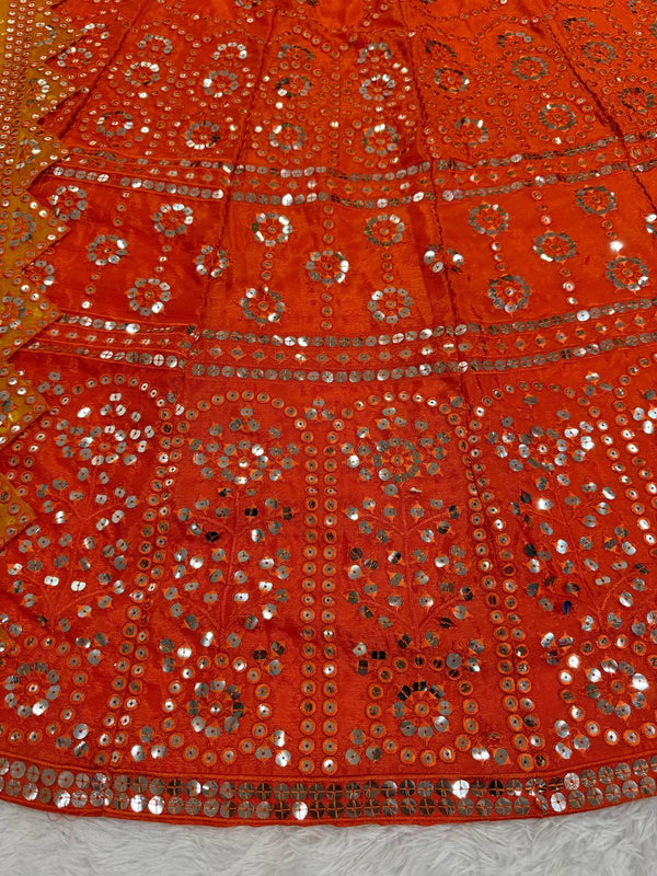 Orange Premium Chinon Semi-Stitched Lehenga Set with 9mm Sequins & Designer Dupatta ClothsVilla