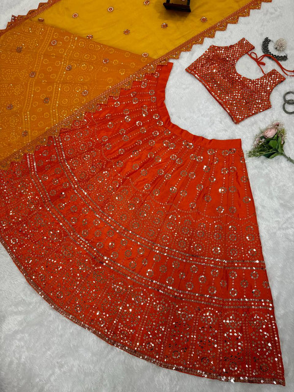 Orange Premium Chinon Semi-Stitched Lehenga Set with 9mm Sequins & Designer Dupatta ClothsVilla