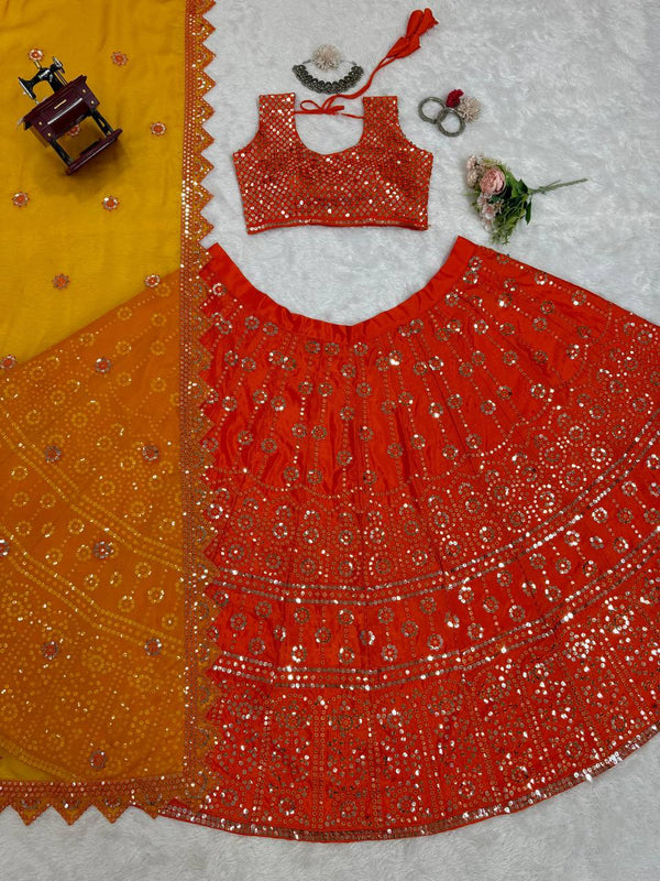 Orange Premium Chinon Semi-Stitched Lehenga Set with 9mm Sequins & Designer Dupatta ClothsVilla