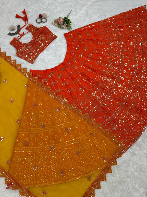 Orange Premium Chinon Semi-Stitched Lehenga Set with 9mm Sequins & Designer Dupatta ClothsVilla