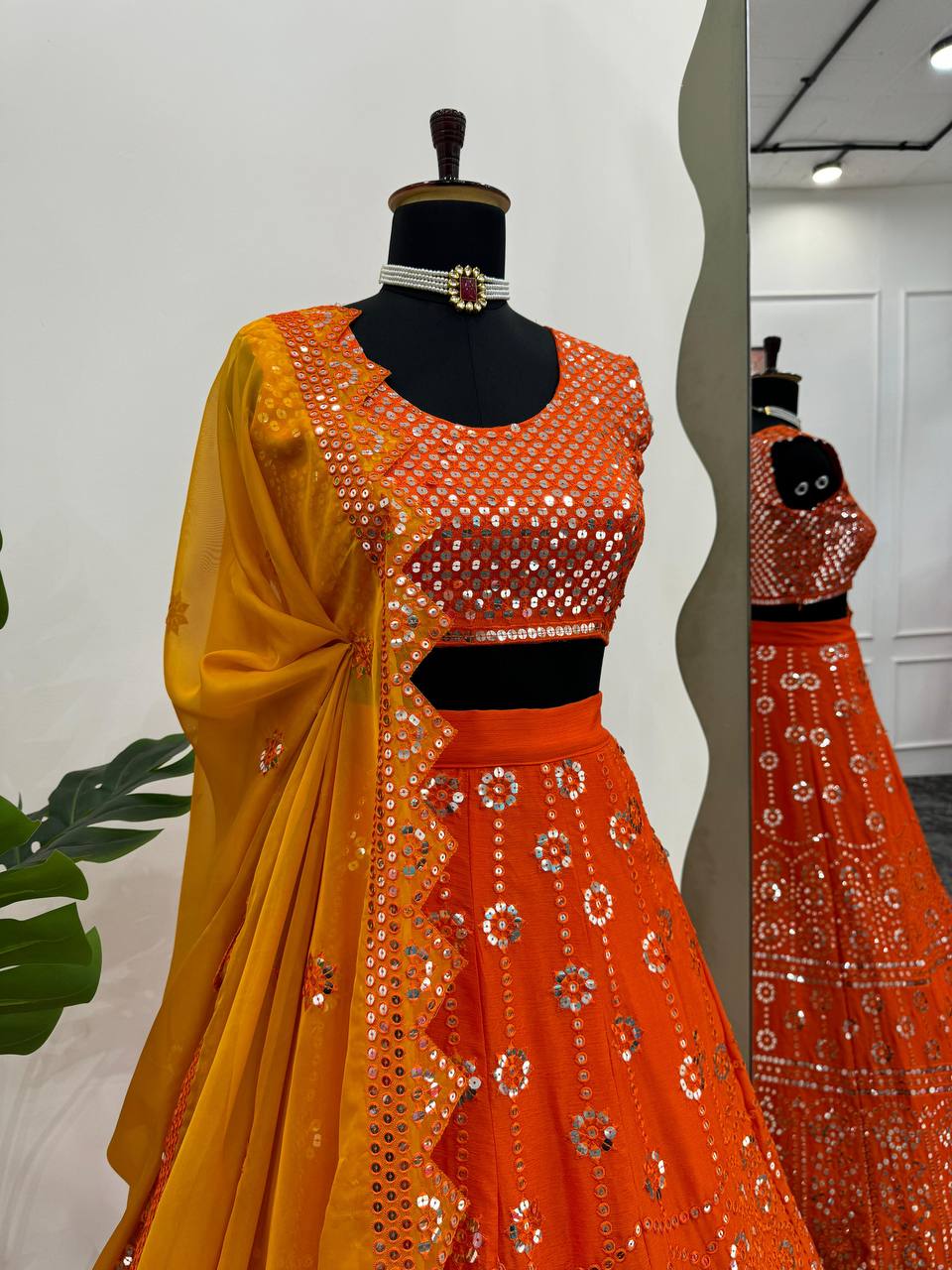 Orange Premium Chinon Semi-Stitched Lehenga Set with 9mm Sequins & Designer Dupatta ClothsVilla