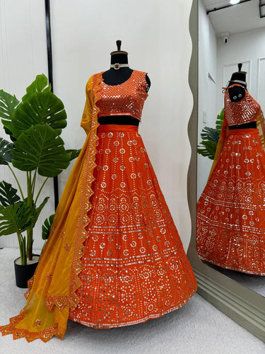 Orange Premium Chinon Semi-Stitched Lehenga Set with 9mm Sequins & Designer Dupatta ClothsVilla
