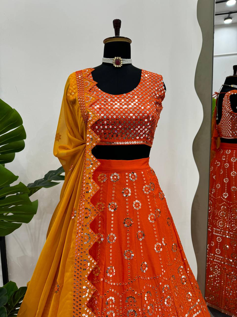 Orange Premium Chinon Semi-Stitched Lehenga Set with 9mm Sequins & Designer Dupatta ClothsVilla