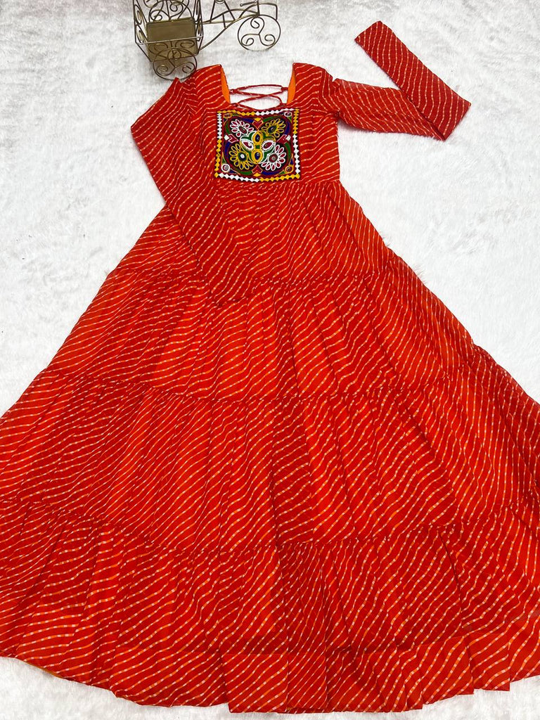 Orange Premium Laheriya Print Pure Fox Georgette Anarkali Gown with Gamthi Work ClothsVilla