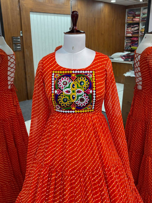 Orange Premium Laheriya Print Pure Fox Georgette Anarkali Gown with Gamthi Work ClothsVilla
