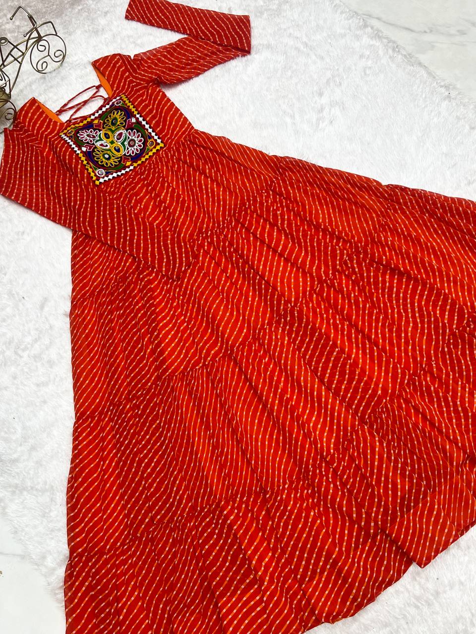 Orange Premium Laheriya Print Pure Fox Georgette Anarkali Gown with Gamthi Work ClothsVilla