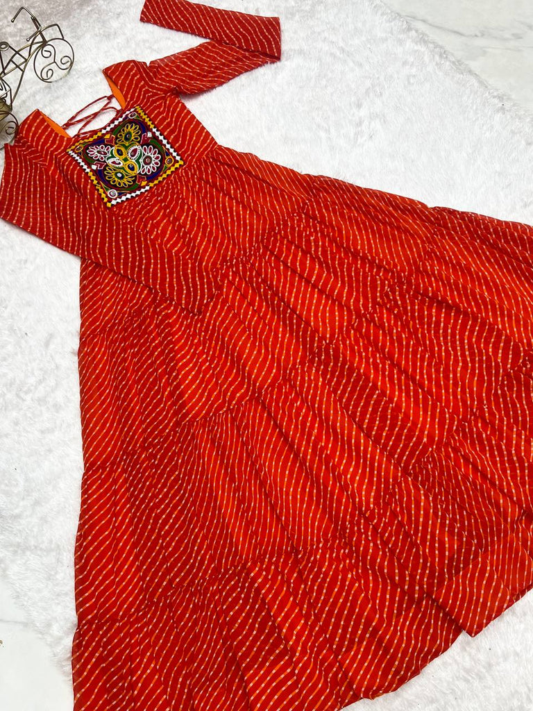 Orange Premium Laheriya Print Pure Fox Georgette Anarkali Gown with Gamthi Work ClothsVilla