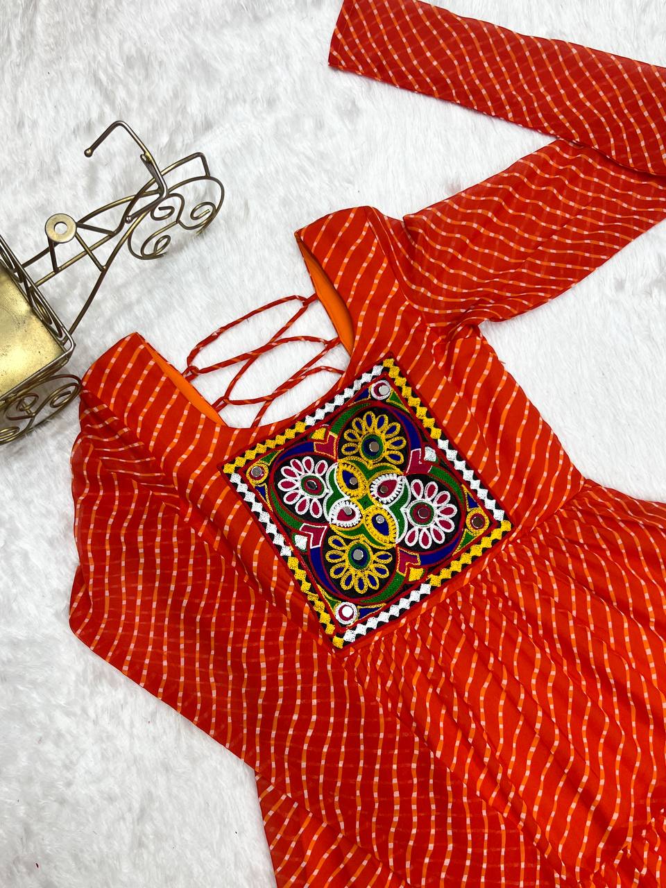 Orange Premium Laheriya Print Pure Fox Georgette Anarkali Gown with Gamthi Work ClothsVilla