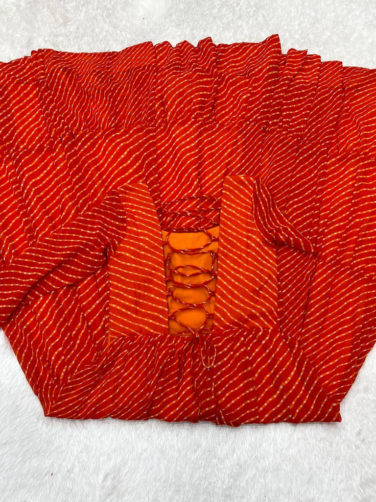 Orange Premium Laheriya Print Pure Fox Georgette Anarkali Gown with Gamthi Work ClothsVilla