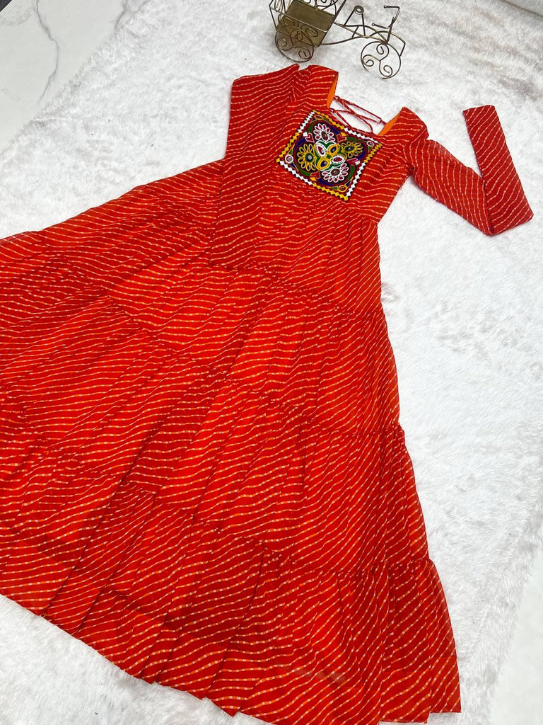 Orange Premium Laheriya Print Pure Fox Georgette Anarkali Gown with Gamthi Work ClothsVilla