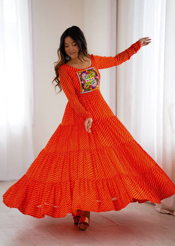 Orange Premium Laheriya Print Pure Fox Georgette Anarkali Gown with Gamthi Work ClothsVilla