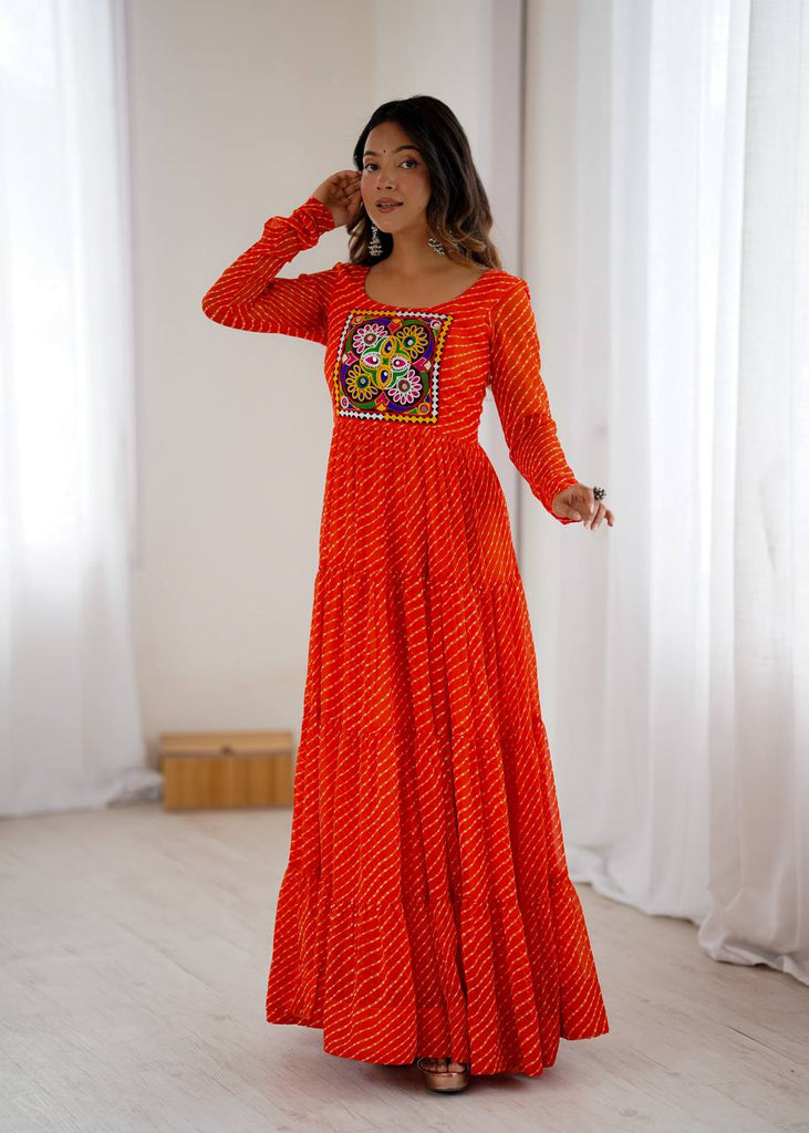 Orange Premium Laheriya Print Pure Fox Georgette Anarkali Gown with Gamthi Work ClothsVilla