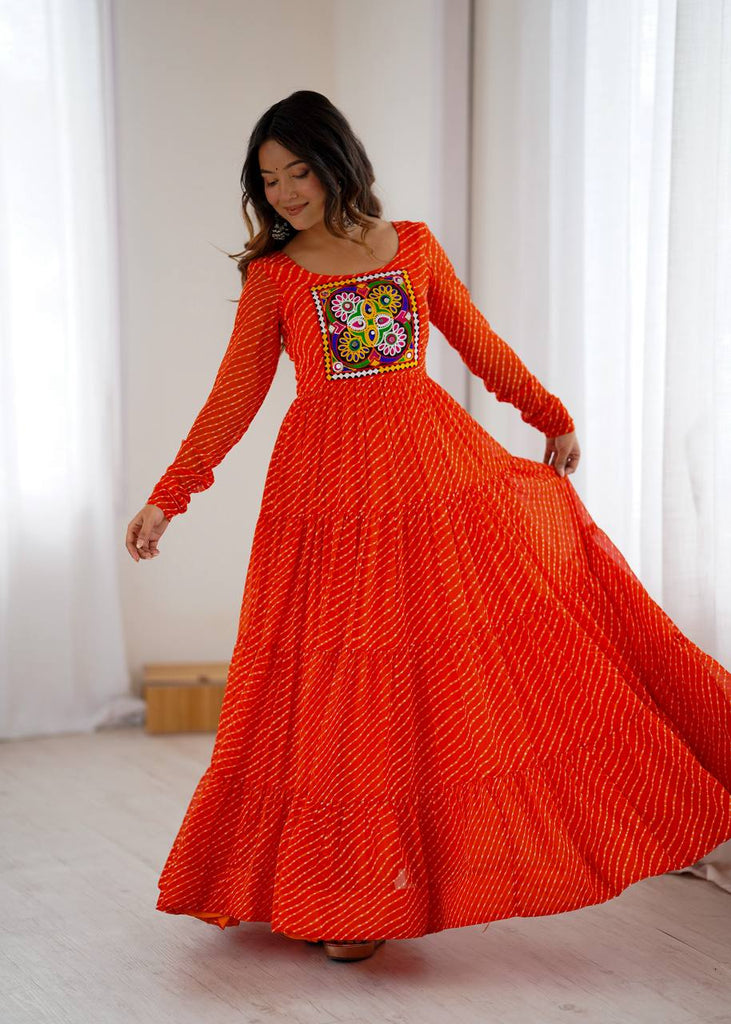 Orange Premium Laheriya Print Pure Fox Georgette Anarkali Gown with Gamthi Work ClothsVilla