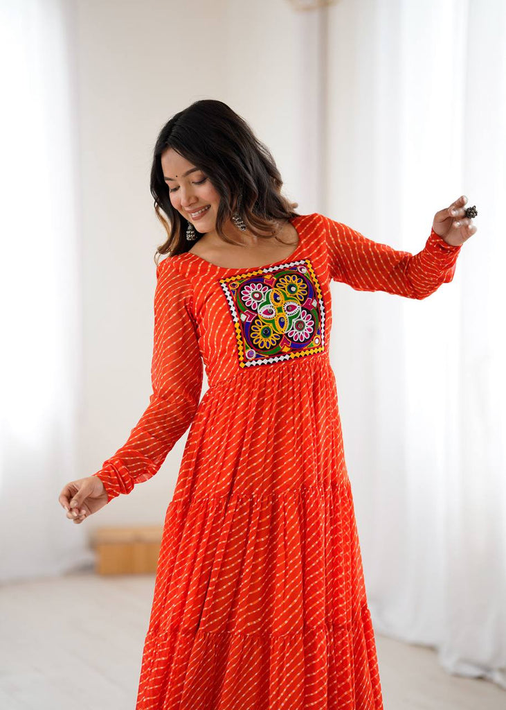 Orange Premium Laheriya Print Pure Fox Georgette Anarkali Gown with Gamthi Work ClothsVilla