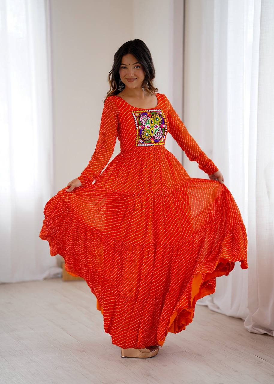 Orange Premium Laheriya Print Pure Fox Georgette Anarkali Gown with Gamthi Work ClothsVilla Main image